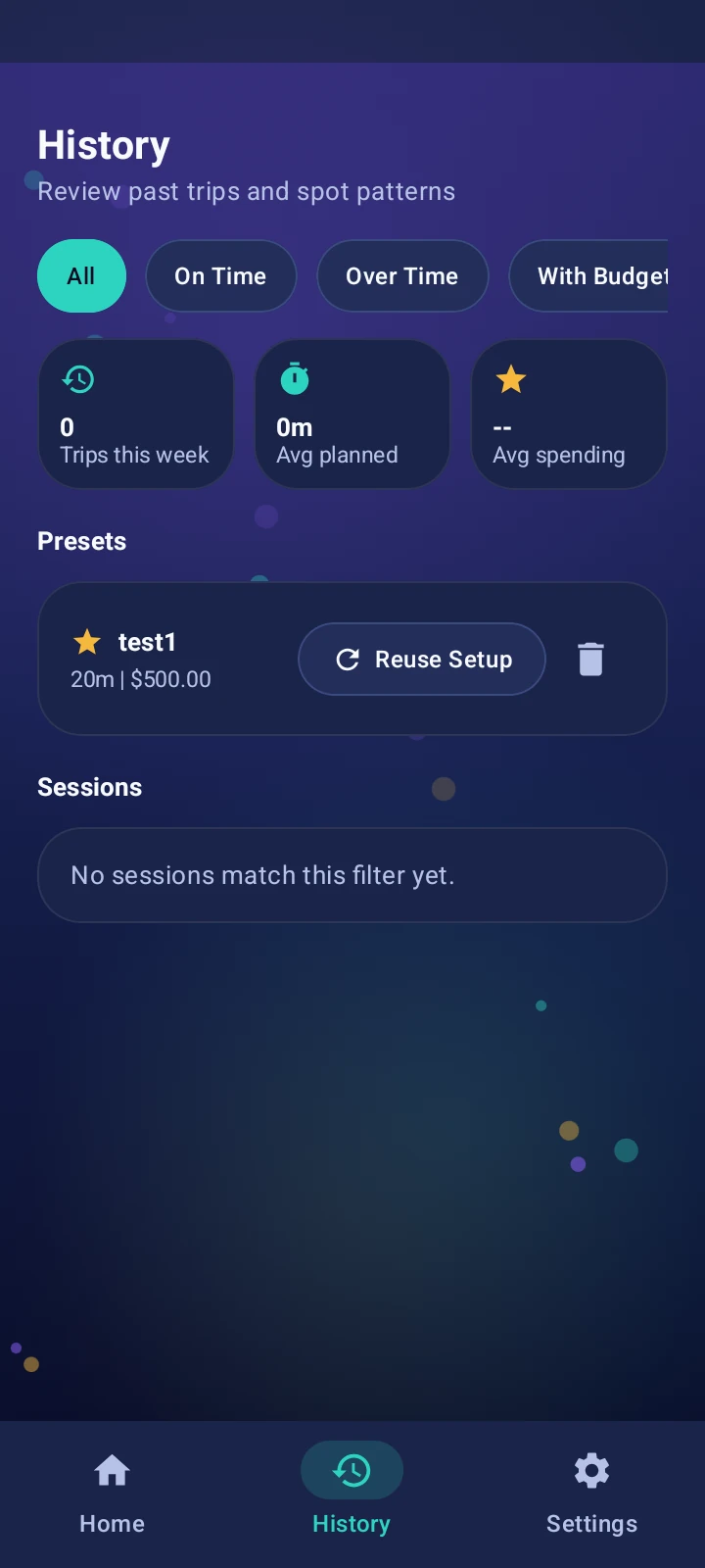 Shop Timer history screen