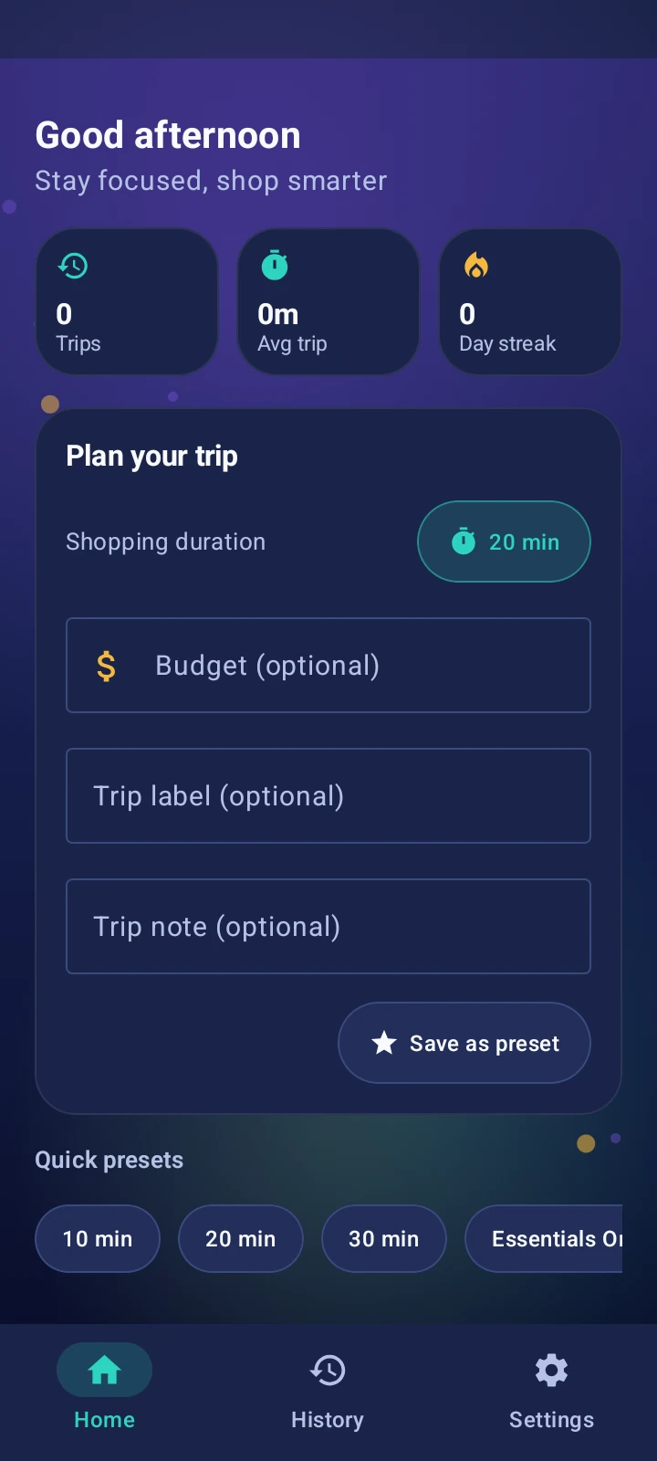 Shop Timer home screen